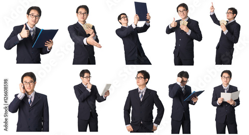 Set of Asian businessman in various poses isolated on white