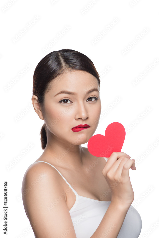 Cute attractive young woman with red heart. Valentine's day art Cute attractive young woman with red heart. Valentine's day art