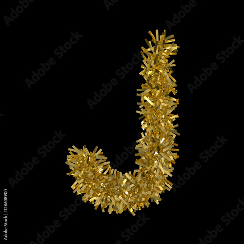 Letter J made from Gold Christmas Tinsel Isolated on Black - 3D Illustration