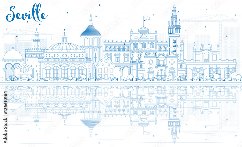 Outline Seville Skyline with Blue Buildings and Reflections.
