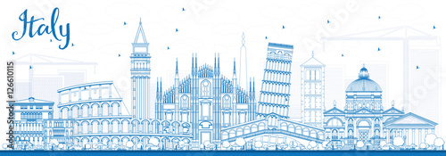 Outline Italy Skyline with Blue Landmarks.