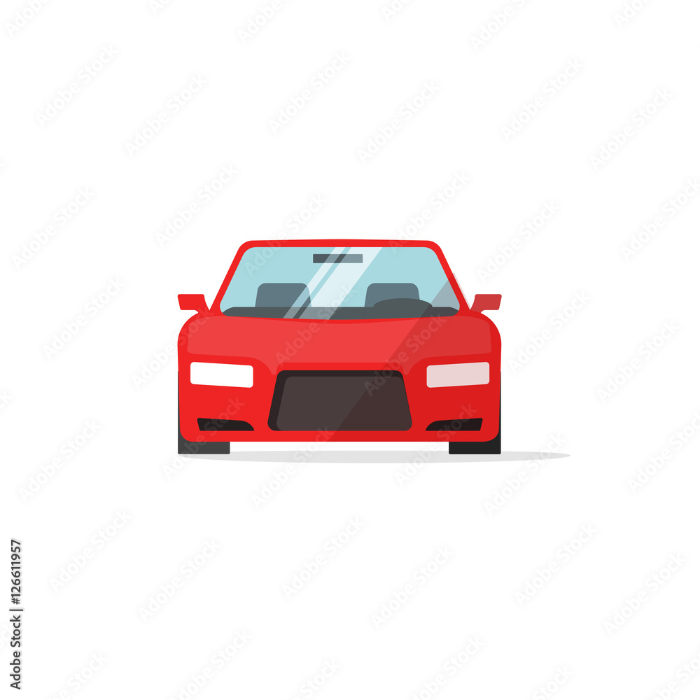 Fototapeta premium Ikona samochodu czerwony kolor ilustracji wektorowych, ikona auto na białym tle, kolorowy samochód widok z przodu płaski, prosty design symbol pojazdu