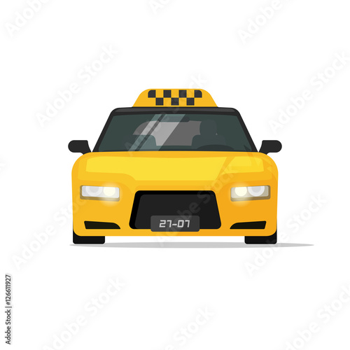 Taxi car vector icon isolated on white background, flat cartoon style taxi cab front view illustration, auto with taxi sign on roof