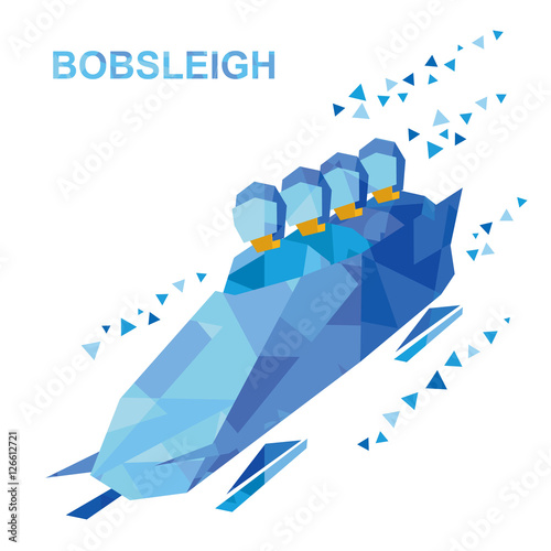 Winter sports - bobsleigh. Cartoon athletes ride in bobsled. Four sportsmen in blue bobsledding. Flat style vector clip art isolated on white background. With patterns.