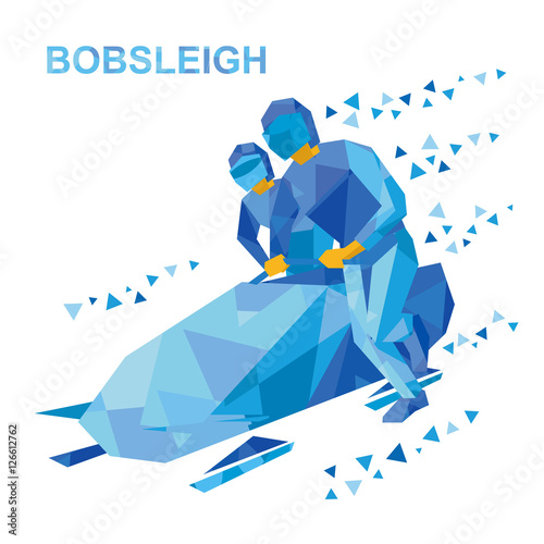 Winter sports - bobsleigh. Cartoon athletes running near bobsled. Sportsmen with blue patterns bobsledding. Flat style vector clip art isolated on white background.