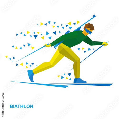 Winter sports - Biathlon. Cartoon biathlete going skiing with a rifle behind his back. Flat style vector clip art isolated on white background