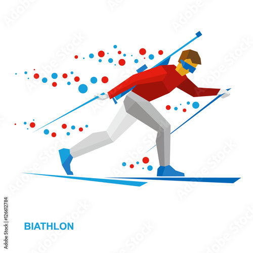 Winter sports - Biathlon. Cartoon biathlete going skiing with a rifle behind his back. Flat style vector clip art isolated on white background