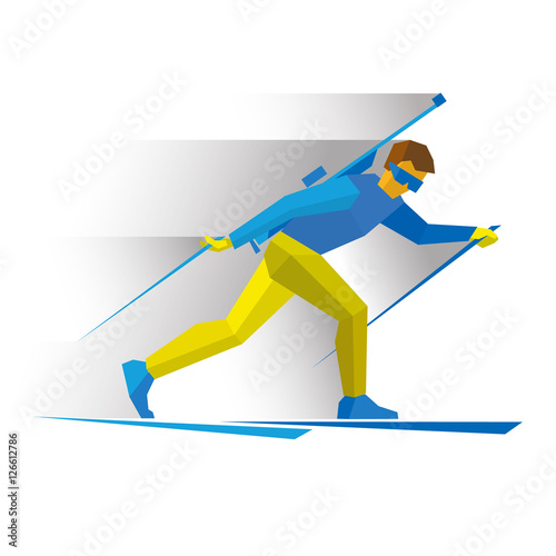 Winter sports - Biathlon. Cartoon biathlete going skiing with a rifle behind his back. Flat style vector clip art isolated on white background