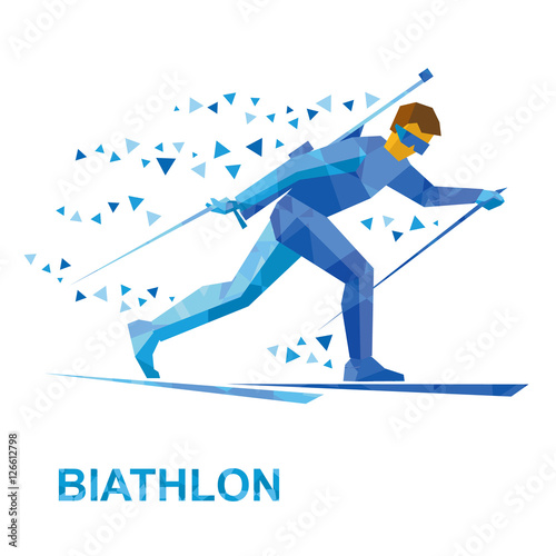 Winter sports - Biathlon. Cartoon biathlete going skiing with a rifle behind his back. Flat style vector clip art isolated on white background