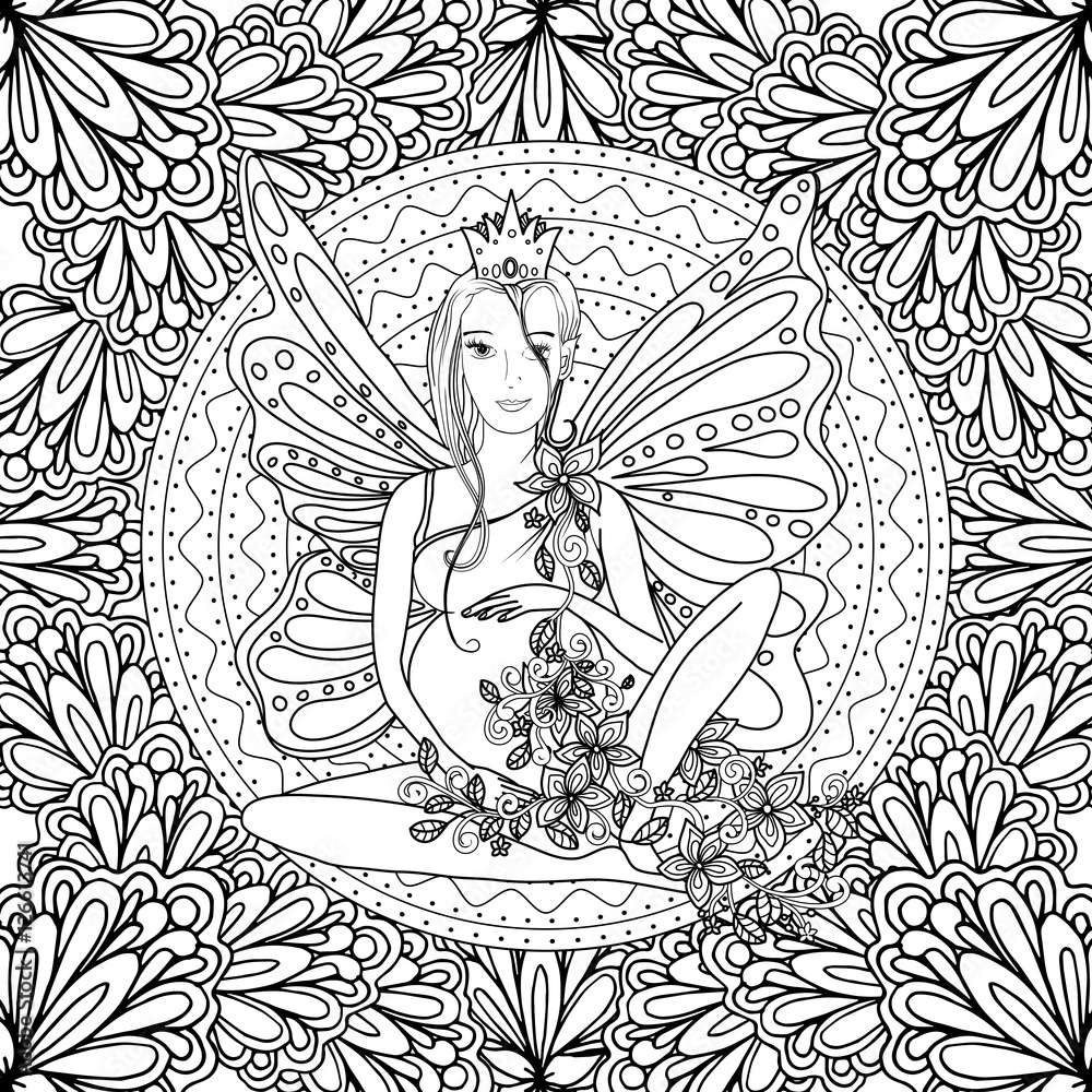 Adult coloring book page with fairy Pregnant lady.Pregnancy in zentangle style art.Black and white Adult coloring book page with fairy Pregnant lady.Pregnancy in zentangle style art.Black and white