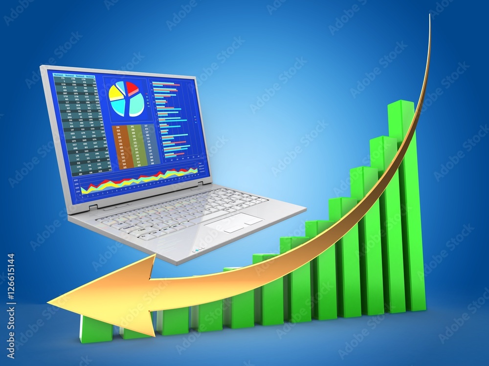 3d illustration of business computer over blue background with green chart and arrow down 3d illustration of business computer over blue background with green chart and arrow down