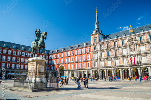Felipe III statue and Casa de la Panaderia on Plaza Mayor in Madrid, Spain
