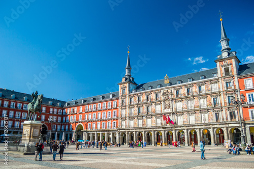 Felipe III statue and Casa de la Panaderia on Plaza Mayor in Madrid, Spain
