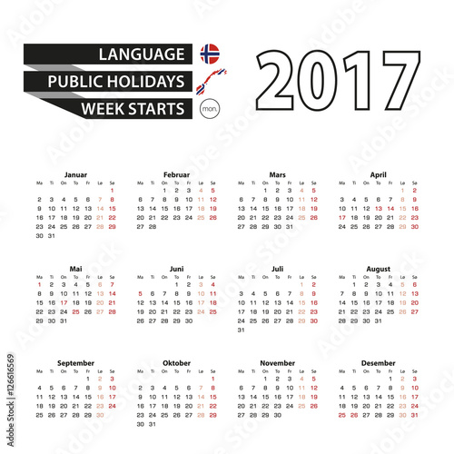Calendar 2017 on Norwegian language. With Public Holidays for Norway in year 2017. Week starts from Monday.