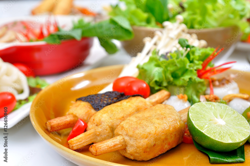 CHAO TOM, Fried Shrimp with Sugar Cane with food set CHAO TOM, Fried Shrimp with Sugar Cane with food set