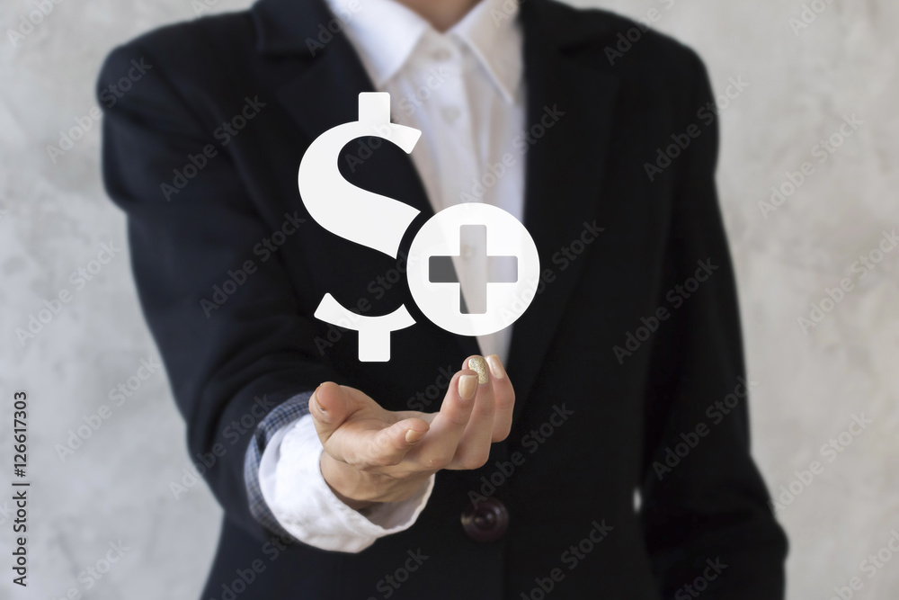 Businessman offers his hand in icon dollar with plus. Business woman present business concept success revenue money. Finance banking stock button business success sign solution. Businessman offers his hand in icon dollar with plus. Business woman present business concept success revenue money. Finance banking stock button business success sign solution.