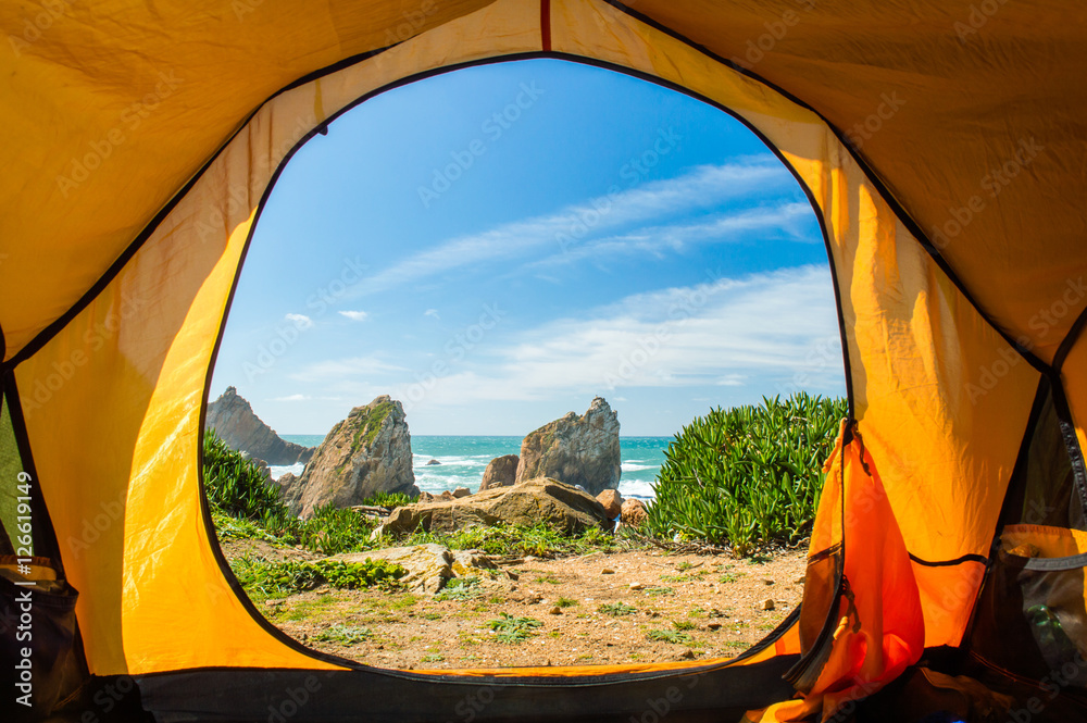 Camping on the Atlantic ocean coast (Praia da Ursa beach), Portugal