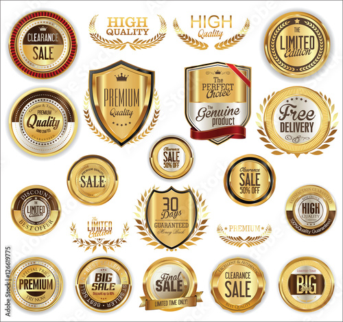 Vector medieval golden shields laurel wreaths and badges collection