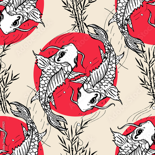 Koi carps seamless pattern, hand drawn japanese pattern