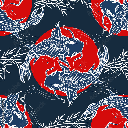Carps seamless pattern, hand drawn japanese art