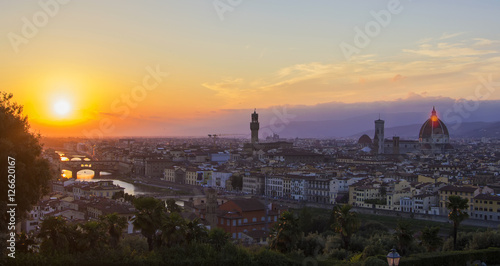 background view of the panorama of the old city of Florence, overlooking the Arno River, the Ponte Vecchio and the Duomo