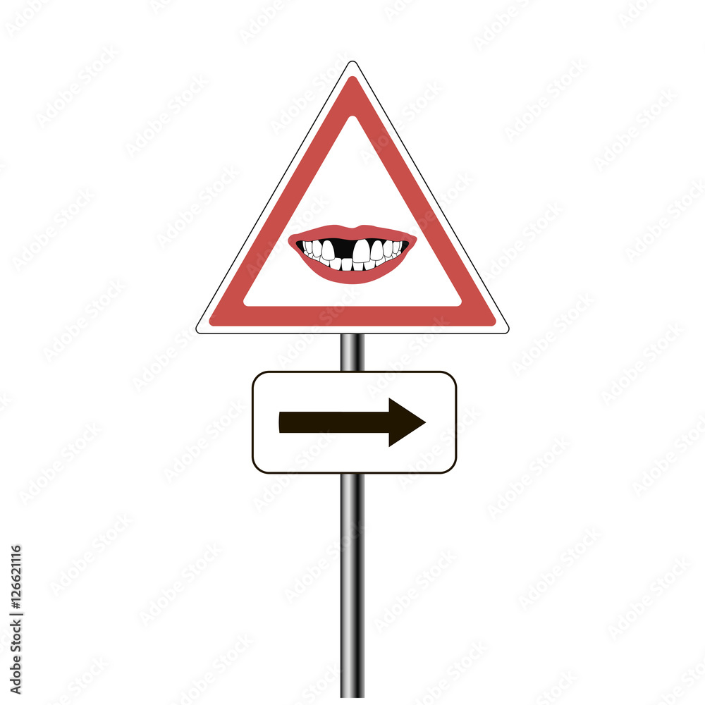pointer dental clinic, road sign - a red triangle with a smile with a missing Central incisor tooth, the arrow is the pointer to the column vector pointer dental clinic, road sign - a red triangle with a smile with a missing Central incisor tooth, the arrow is the pointer to the column vector