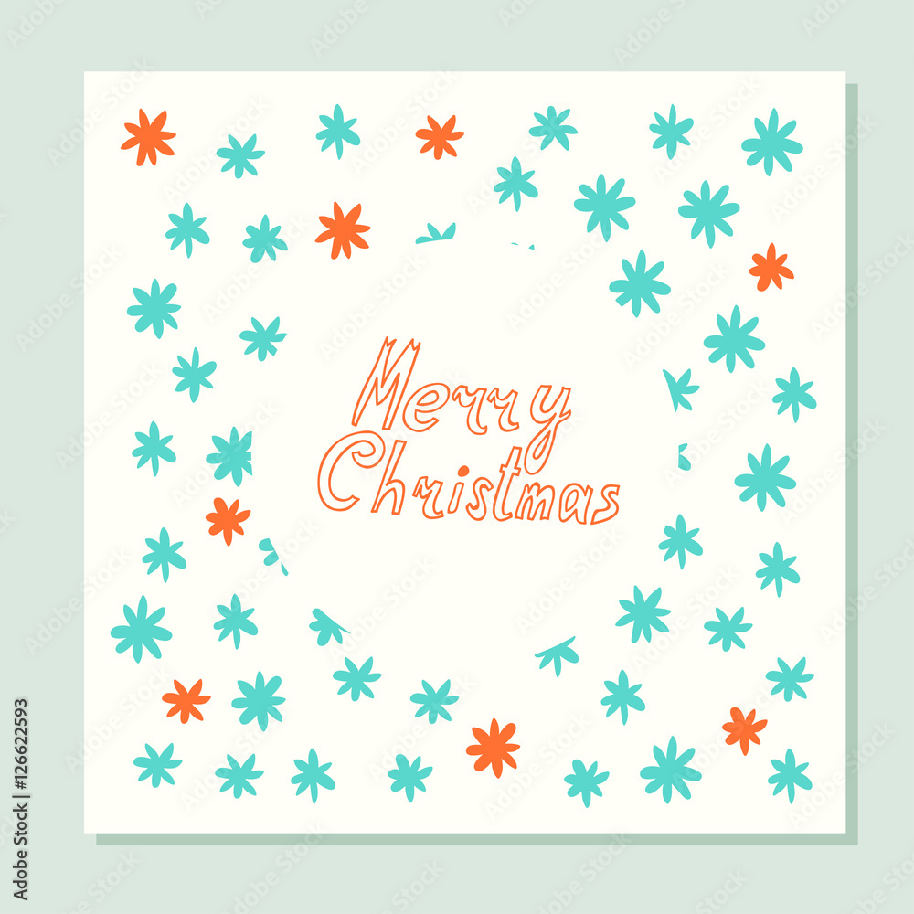 Merry Christmas. Greeting card with holidays symbols. Vector hand drawn illustration. Doodle style