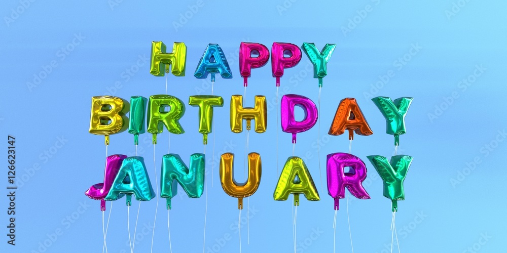 ภาพประกอบสต็อก Happy Birthday January card with balloon text 3D