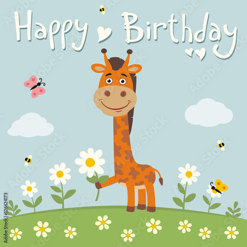 Happy birthday! Cute giraffe with flower on meadow. Birthday card.