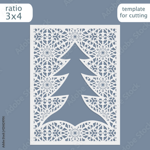 Laser cut christmas invitation card template. Cut out the paper card with lace pattern.  Greeting card template for cutting plotter. Congratulation to Christmas or New Year.  Metal plate cut by laser.