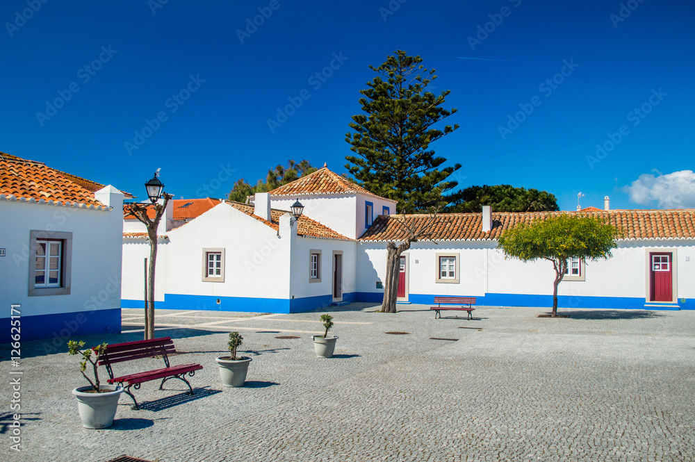Traditional blue and white Alentejo Portuguese buildings in Porto Covo, Portugal