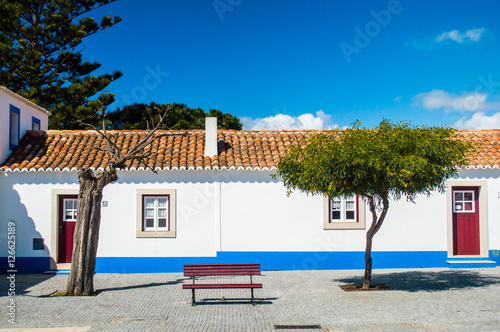 Traditional blue and white Alentejo Portuguese buildings in Porto Covo, Portugal