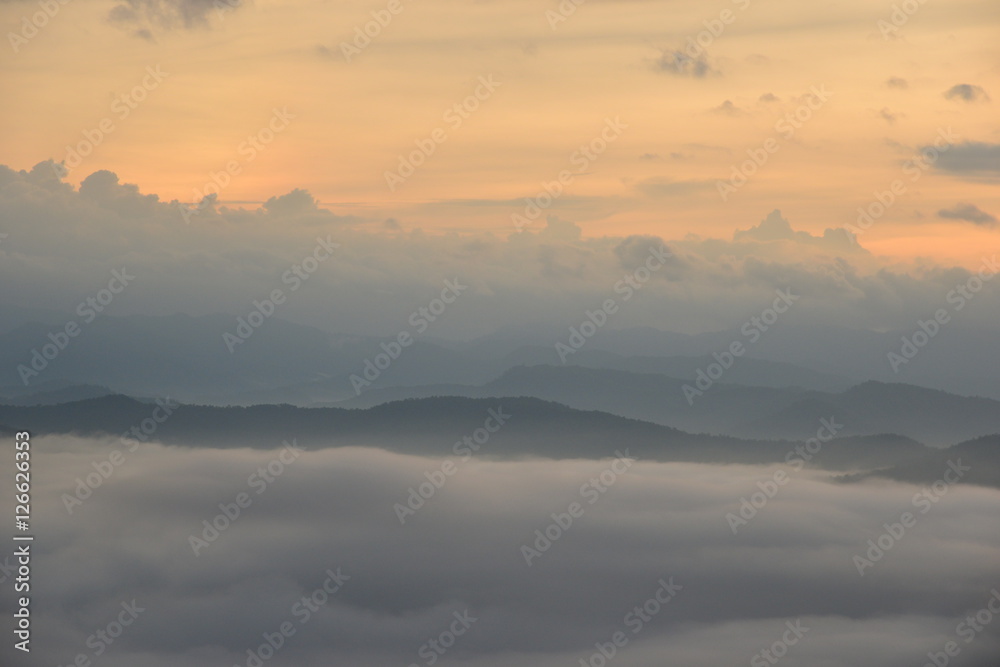 Landscape Mountain and mist in the morning at Doi Pha Chu in Si Nan National Park, Nan Province, Thailand