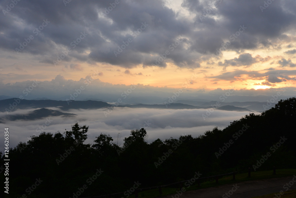 Landscape Mountain and mist in the morning at Doi Pha Chu in Si Nan National Park, Nan Province, Thailand