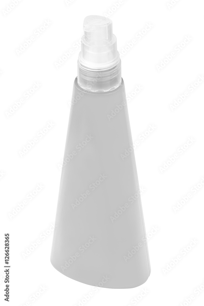 Sun protecting cream grey bottle, isolated on white background