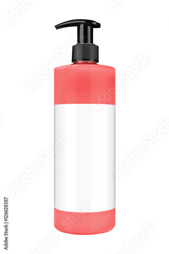 Red shampoo bottle with blank label and black dispenser lid
