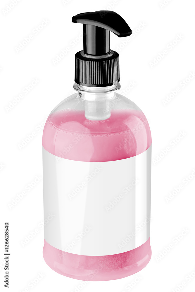 Transparent plastic bottle with red liquid hand soap, blank labe Transparent plastic bottle with red liquid hand soap, blank labe