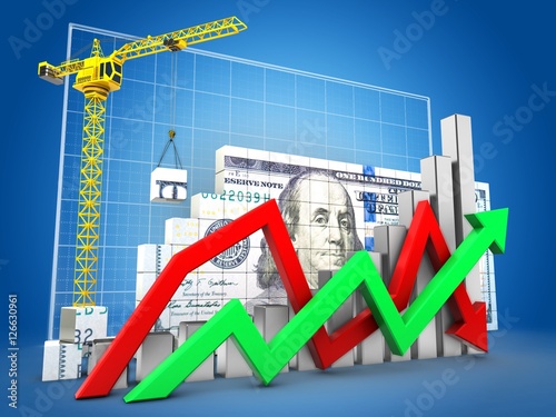 3d illustration of dollar construction over blue grid background with steel bars and arrows