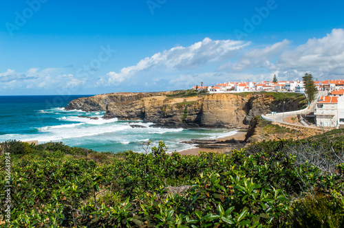 Zambujeira do Mar village and cliffs near the Atlantic ocean coast landscape, Alentejo, Portugal photo
