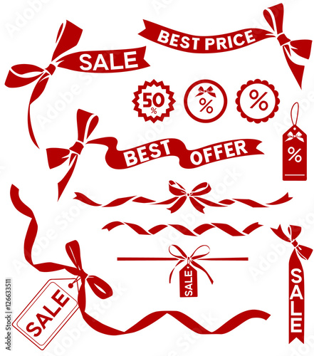Vector sale set. Decorative elements, bow and ribbon silhouettes for sale design.