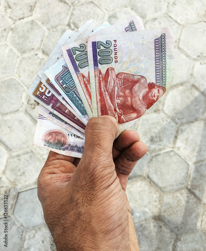 Egyptian currency in hand. photo