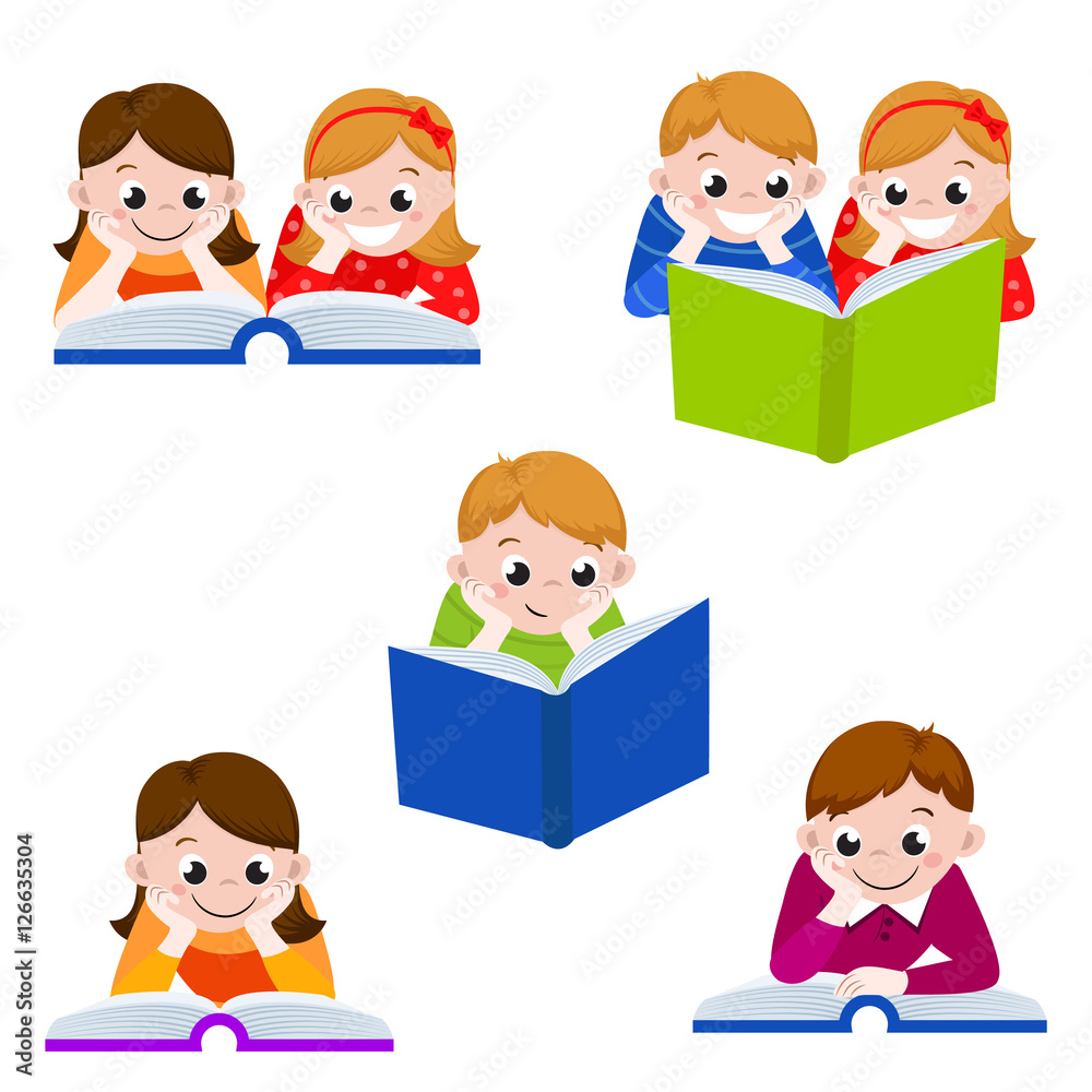 cute children reading books.  Icon for education. Vector illustration, isolated on white background