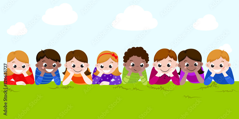 happy boys and girls lying on a green grass. Vector illustration