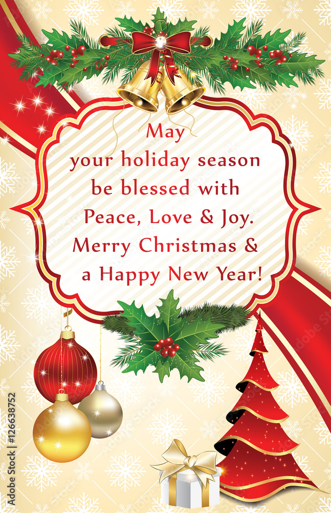 Elegant winter season greeting card for print for Christmas and New Year. Contains Christmas baubles, Christmas tree, snowflakes pattern and a nice Christmas greeting message. Print colors used