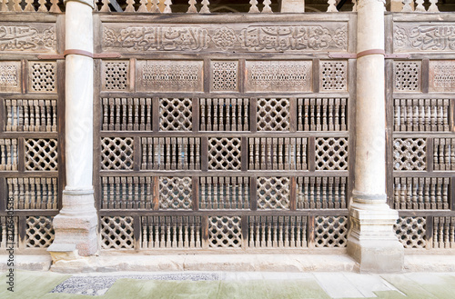 Front view of interleaved wooden decorations (Arabisk) facade, Mosque of Amir Al-Maridani, Cairo, Egypt photo