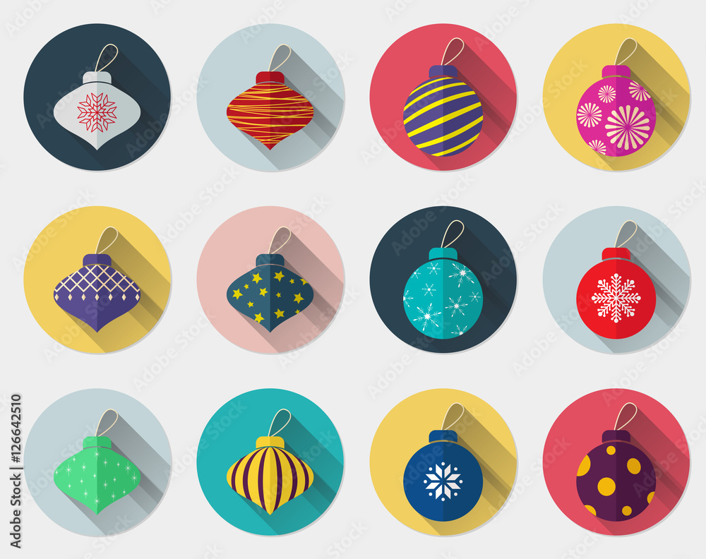 Set of collection Christmas ball flat icon with long shadow