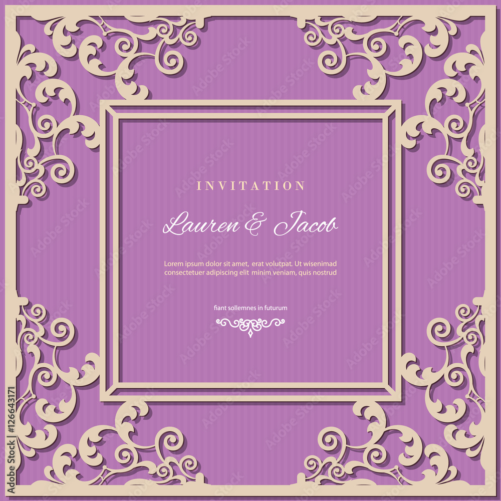 Wedding invitation card template with laser cutting filigree border. Elegant photo frame. Gold and purple contrast colors. Cardboard texture.