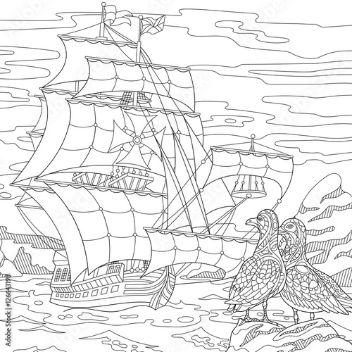 Stylized seagull birds and marine sailing ship. Freehand sketch for adult anti stress coloring book page with doodle and zentangle elements.