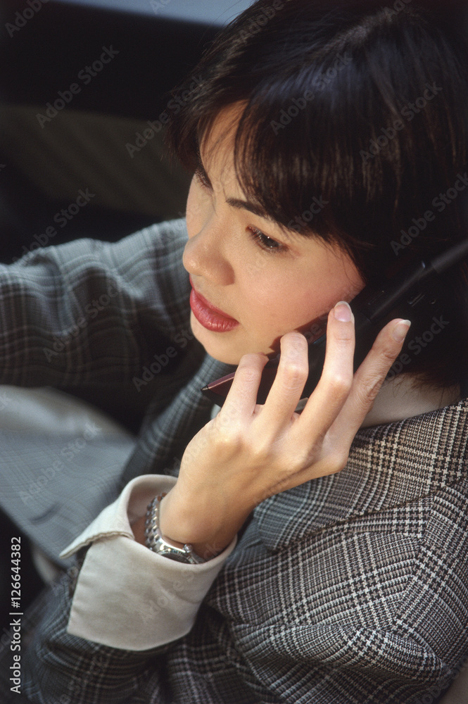 Female executive talking on cellular phone in car Female executive talking on cellular phone in car