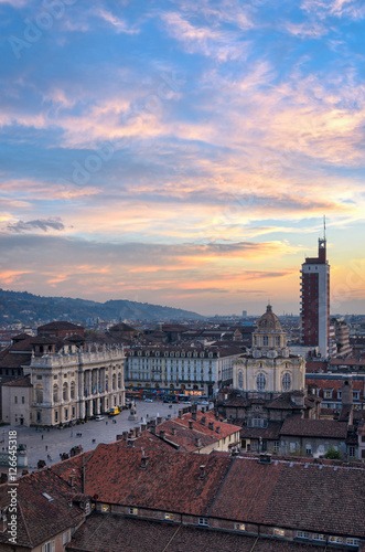 Fototapeta Naklejka Na Ścianę i Meble -  Turin (Torino) panoramic view on Piazza Castello from the Cathedral bell tower at sunset